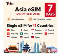 Asia eSIM 11 Countries | 7 Days Unlimited Data in China, HK, Indonesia, Japan, Macao, Malaysia, Singapore, South Korea, Taiwan, Thailand, Vietnam | Get QR code in 24 hours | Auto Activation