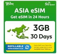 Asia eSIM 17 Countries | 3GB Super Economy Refillable Plan! QR Code Sent via Email in 24Hrs - Scan & Use Immediately | Auto Activating 30 Day Validity | 5G Speed + Hotspot | Data-Only No Phone Number