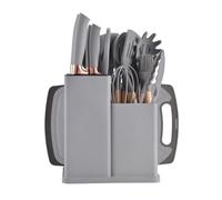 ASIAD Kitchen Knife Set 19 Pieces Kitchen Utensils Set Silicone Kitchen Gadgets Set of 12 Cooking Utensils, 5 Knives, Cutting Board and Holder, Dishwasher Safe,Grey