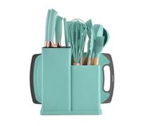 ASIAD Kitchen Knife Set 19 Pieces Kitchen Utensils Set Silicone Kitchen Gadgets Set of 12 Cooking Utensils, 5 Knives, Cutting Board and Holder, Dishwasher Safe,Green