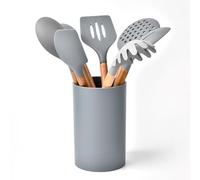 ASIAD Kitchen Utensils Set with Holder, 8 Pieces Heat Resistant Silicone Cooking Utensils Set with Wooden Handles, Kitchen Gadgets Gadgets Tool Set for Non-Stick Cookware,Grey