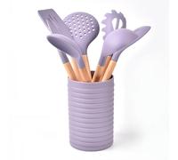 ASIAD Kitchen Utensils Set with Holder, 8 Pieces Heat Resistant Silicone Cooking Utensils Set with Wooden Handles, Kitchen Gadgets Gadgets Tool Set for Non-Stick Cookware,Purple