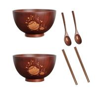 ASIAD Set of 2 Japanese Rice Bowl, Traditional Japanese Chestnut Wood Rice Bowl, 12cm, with Ramen Spoon Cartoon for Rice Soups Desserts Nibbles 300ml round,Brown