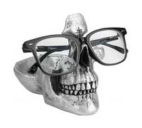 ASIAD Skull Glasses Holder Stand, Novelty Eyeglass Holder Rack with Storage Tray for Nightstand, Resin Skull Head Statue Sculpture Home Office Desk Decor,Silver