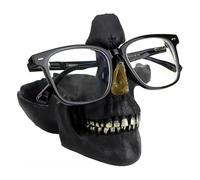 ASIAD Skull Glasses Holder Stand, Novelty Eyeglass Holder Rack with Storage Tray for Nightstand, Resin Skull Head Statue Sculpture Home Office Desk Decor,Black