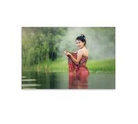 Asian Brunette Sexy Beauty Bathing in The River Poster Poster Vintage Art, Wall Canvas, Decoration Aesthetic, Living Room, Kids Room Dormitory, Cafe, Bathroom, Suitable for Bedroom, Gym, Cool Classic