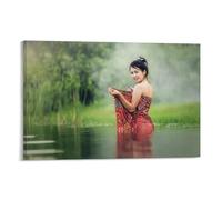 Asian Brunette Sexy Beauty Bathing in The River Poster Poster Vintage Art, Wall Canvas, Decoration Aesthetic, Living Room, Kids Room Dormitory, Cafe, Bathroom, Suitable for Bedroom, Gym, Cool Classic