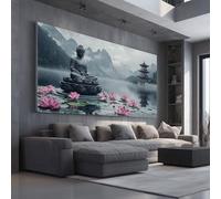 Asian Buddha Extra Large Wall Decor Floral Lotus Canvas Modern Canvas Prints Architecture Pagoda Abstract Painting for Kitchen Office Restaurant, Framed 60x120 cm
