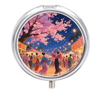 Asian Cherry Blossom Pill Box 3 Compartment Metal Round Pill Case Travel Pill Organizer Small Portable Medicine Vitamin Container for Purse and Pocket to Hold Vitamins Supplements