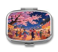 Asian Cherry Blossom Small Pill Box for Purse Travel Essentials Metal Pill Case 2 Compartments Compact Medicine Container Portable Daily Pill Organizer for Vitamins Fish Oils