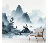 Asian Chinese Landscape Wall Decals, Oriental Ink Watercolor Wall Mural Waterproof Vinyl Murals, Mountain Trees Stickers Peel and Stick Wallpaper for Home Office Decoration 352x250 cm