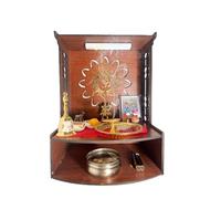 Asian Craze culture in every layer Pooja Wooden Mandir for Home Wall Mounted Wood Puja Home Temple with Double Shelf for Storage and God Idols Decoration for Living Room, Bedroom and Office Brown