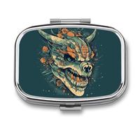 Asian Dragon Skull Pill Box 2 Compartment, Portable Pill Case with Mirror for Pocket Purse Travel, Mini Metal Medicine Organizer for Vitamins Fish Oil