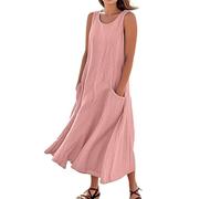 Asian Dresses Summer Cotton Linen Solid Color Crew Neck Sleeveless Dresses Tunic Tank Dress with Pockets UK Ladies Summer Dress (Pink, XL)