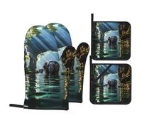 Asian Elephant in The Water Pattern Oven Mitts & Pot Holders 4-Piece Set - Baking Insulation Gloves, Kitchen Practical Tools