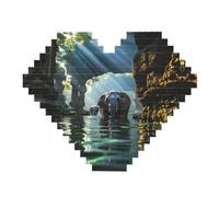 Asian Elephant in The Water Print Building Brick Block Puzzle - Heart Shaped Picture Puzzles, Wooden Picture Jigsaw Puzzles