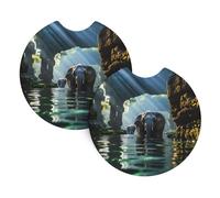 Asian Elephant in The Water Print Car Cup Holder Coasters - 2 Pack Anti Slip Drink Insert Pad with A Finger Notch,for Women Men