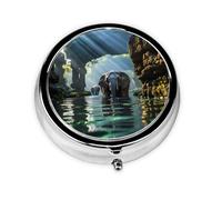 Asian Elephant in The Water Take-Along Pill Box, Portable Round Pill Box, fits in Your Purse Pocket Lightweight 3 Compartment Pill Box,