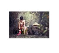 Asian Hot Girl Washing Clothes by The Lake Traditional Retro Poster Poster Vintage Art, Wall Canvas, Decoration Aesthetic, Living Room, Kids Room Dormitory, Cafe, Bathroom, Suitable for Bedroom, Gym,