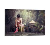 Asian Hot Girl Washing Clothes by The Lake Traditional Retro Poster Poster Vintage Art, Wall Canvas, Decoration Aesthetic, Living Room, Kids Room Dormitory, Cafe, Bathroom, Suitable for Bedroom, Gym,