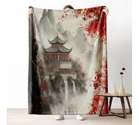 Asian Ink Painting Flannel Blanket Queen Warm Soft, Traditional Oriental Blankets 90"x90" Lightweight, Chinese Culture Art Fleece Blanket Cozy Washable for Bedroom Sofa Camping Travel