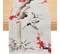 Asian Ink Painting Table Runner, Oriental Japanese Chinese Style Linen Table Runner with Red Sun, Plum Blossoms and Crane Birds, Spring Festival Dining Decor, 13x72 Inch
