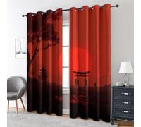 Asian Japanese Curtains Blackout, 46x54 Inch 2 Panels - Red Sunset Torii Oriental Scenic Pattern Black Out Curtains, Home Decor, 54 Drop Eyelet Window Drapes for Bedroom, Living Room KA253