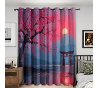 Asian Japanese Curtains Blackout, 90x108 Inch 2 Panels - Fuji Mountain Sun Floral Pattern Black Out Curtains, Home Decor, 108 Drop Eyelet Window Drapes for Bedroom, Living Room S144