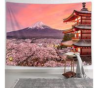 Asian Japanese Tapestry Wall Hanging Japan Pagoda Mountain Fuji Spring Cherry Blossoms Sakura Flower Tapestries, Pink Small Tapestry Wall Deocr for Bedroom Living Room Dorm