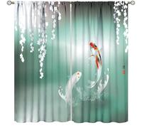 Asian Koi Fish Curtains, Traditional Japanese Oriental Asian Style Green Teal Drapes for Bedroom Living Room Kitchen Window Treatment 2 Panels Set Total Size 72" W X 63" L Inch