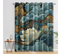 Asian Lotus Curtains Blackout, 46x90 Inch 2 Panels - Gold Foil Teal Cloud Pattern Black Out Curtains, Home Decor, 90 Drop Eyelet Window Drapes for Bedroom, Living Room QO&132