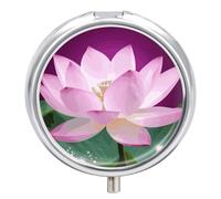 Asian Lotus Flower Pill Box, Round Metal Portable Travel Pill Organizer Waterproof Vitamin Medicine Storage Box for Travel or Daily Use