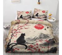 Asian Oriental Japanese Double Duvet Cover Set, Vintage Cherry Blossom Bird Cat Bedding 3 Piece for Bedroom Deocr, Soft Microfiber Reversible Bed Quilt Covers, 2 Pillow Cases, Zip Fastening