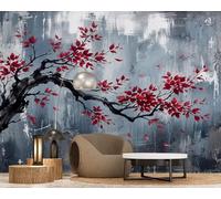 Asian Red Leaves Pattern Wallpaper Concrete Effect Blue Grey Abstract Non-Woven Modern Living Room Bedroom Children's Room Wall Decor 430cm x 300cm