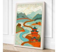 Asian River Landscape Japandi Canvas Wall Art Print 24x16 Inch (61 x 41 cm)