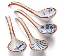 Asian Soup Spoon Ceramic Ramen Spoons Korean Spoons Porcelain Japanese Soup Spoon for Ramen Noodles Pho Miso Dumpling 4pcs (Style 1)