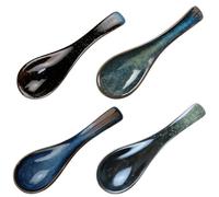 Asian Soup Spoon Set, 4 Pieces Japanese Style Blue Ceramic Soup Spoons, Ramen Spoons, Creative Porcelain Spoons for Soups, Desserts and Fruit, Ideal for the Home and Dining Room