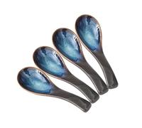 Asian Soup Spoon Set, 4pcs Japanese Soup Spoon Ceramic Chinese Soup Spoons Ramen Spoon Retro Porcelain Spoon Rice Spoons For Cereal Stews Ramen Pho Wonton Dumpling Miso (Blue)