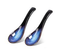 Asian Soup Spoon Set, Japanese Blue Soup Spoons, Ceramic, Chinese Soup Spoons, Ramen Spoons, Retro Porcelain Spoons, Rice Spoon for Cereals, Stews, Ramen Pho Wonton, Dumplings, Miso, 2 Pieces