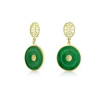 Asian Style Circle Round Donut Good Fortune Fu Character Chinese Symbol Dyed Green Jade Disc Dangle Drop Earrings For Women Gold Plated.925 Sterling Silver