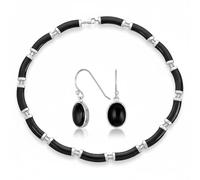 Asian Style Gemstone Black Onyx Strand Contoured Tube Bar Link Collar Necklace & Bezel Set Oval Cabochon Drop Earrings Jewelry Set For Women .925 Sterling Silver