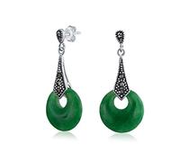 Asian Style Good Fortune Marcasite Dyed Green Jade Open Circle Dangle Drop Earrings For Women .925 Sterling Silver