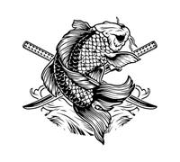 Asian Style Japanese Koi Carp Fish Swords Lettering Stickers 36x37.7cm Waterproof Black