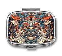 Asian Style Pattern Pill Box 2 Compartment, Portable Pill Case with Mirror for Pocket Purse Travel, Mini Metal Medicine Organizer for Vitamins Fish Oil