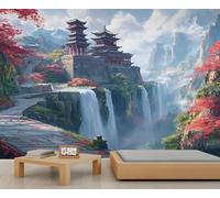 Asian Temple Mural, Japanese Pagoda Wall Murals, Waterfall Scenery Wallpaper for Renters Living Room Bedroom Corridor TV Background Decor - 200x140cm
