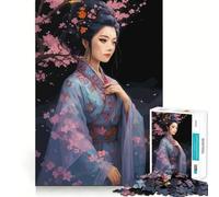 Asian Woman in Kimono with Cherry Blossoms 1000 Piece Jigsaw Puzzle for Adults Creative Fun Sharp Color Fun Challenge Birthday Art Gift (38x26cm)