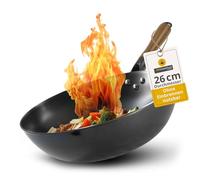 asiastreetfood The Perfect Wok, Diameter 26 cm, Robust Carbon Steel Wok with Flat Base, Wooden Handle, Suitable for Gas, Induction Hobs and Ceramic Hobs, No Burning for Asian Dishes