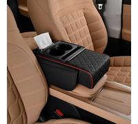 ASICPLB Car Leather Center Console Armrest Covers for Ford Bronco Expedition Ranger Maverick Fusion F150, Pu Leather Car Armrest Box Mat with 2 Side Storage Bags, Car Armrest Cushion, E Black+Red