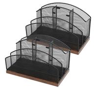 ASIFMTHOT Wooden Mail Organizer with Pencil Holders, Metal Mesh Desktop File Organizer with 5 Vertical Slot - Black, Letter Organizer Rack for Letters, Postcards, Stationery (2 Pack)