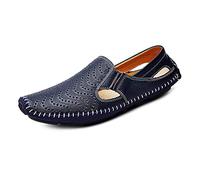 Asifn Mens Leather Driving Loafer Lightweight Slip-on Perforated Breathable Walking Boat Shoes Flat Slippers Outdoor Moccasin（Blue,8/8.5 UK,43 Brand Size